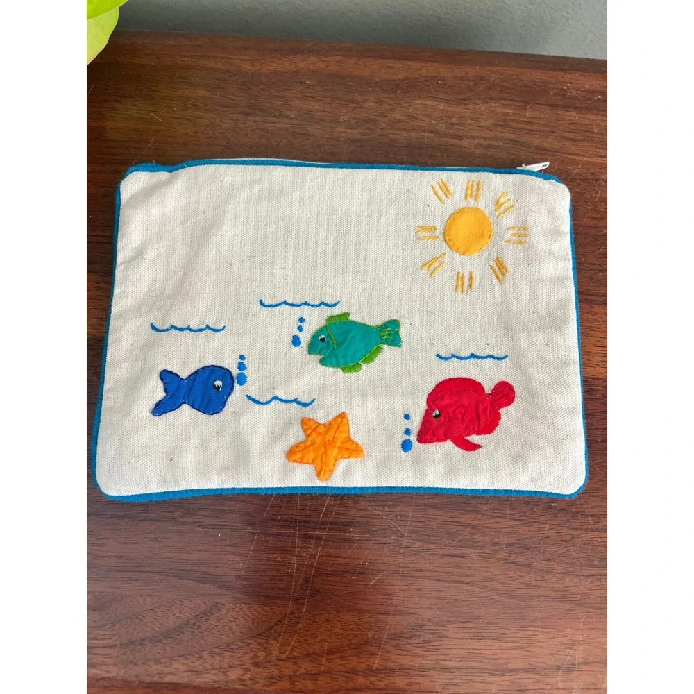 Hand-Embroidered And Appliqué Canvas Zipper Pouch Fish Sea Life 8x6
